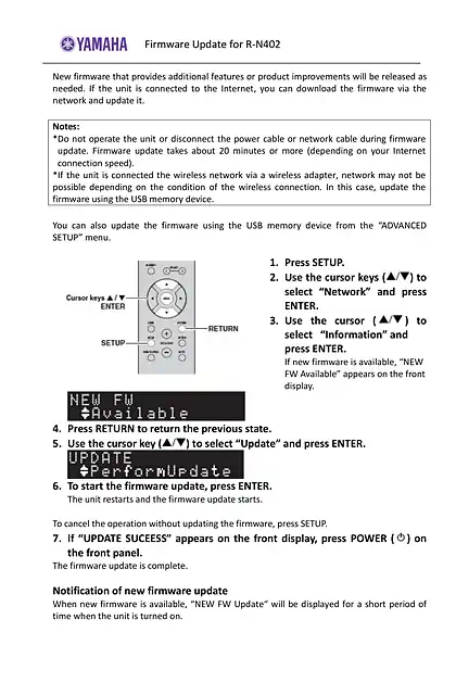 yamaha雅马哈R-N402_R-N402D Firmware Update_Installation_Manual